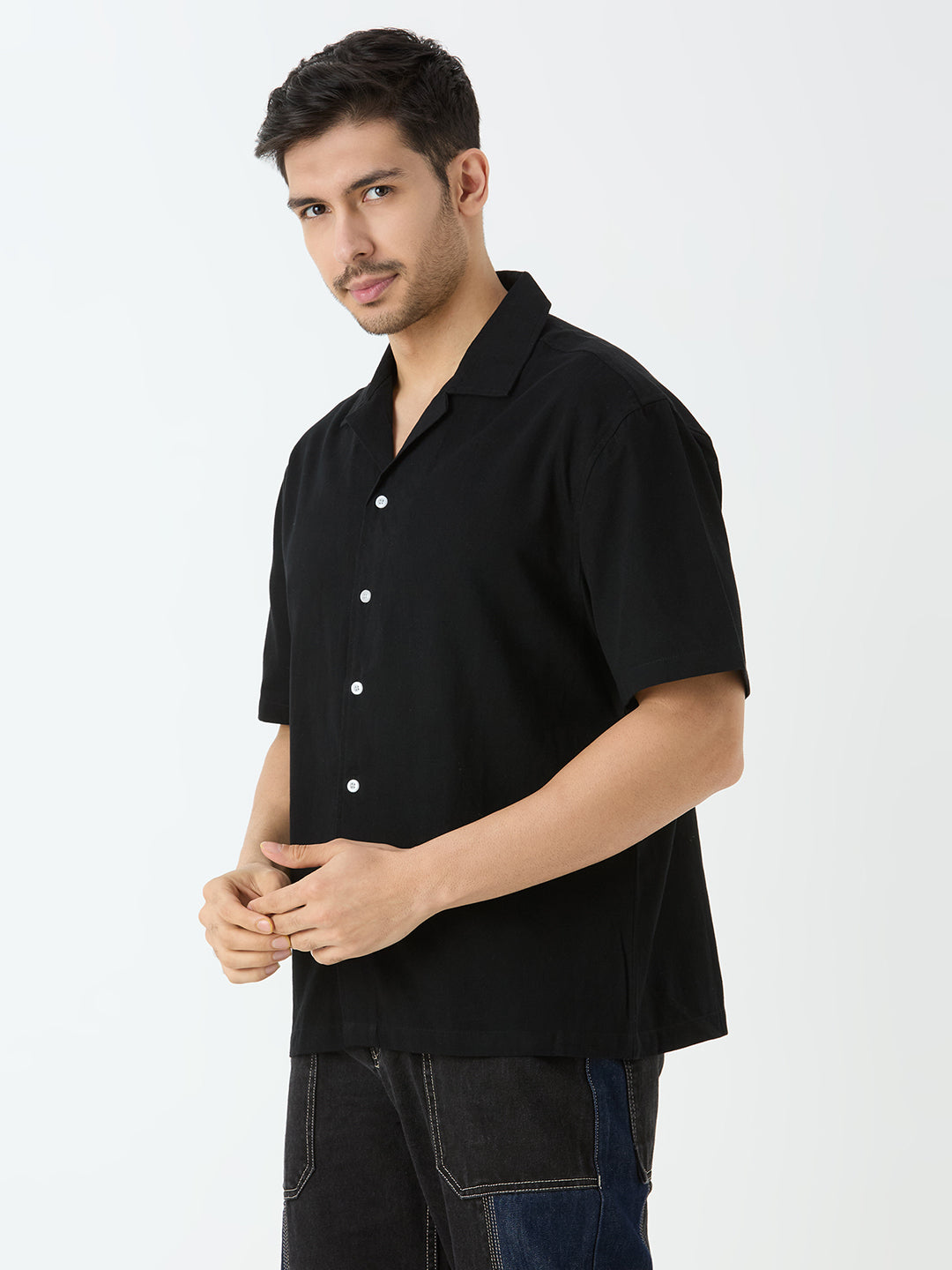 Men's Half Sleeve Cuban Collar Shirt in Black