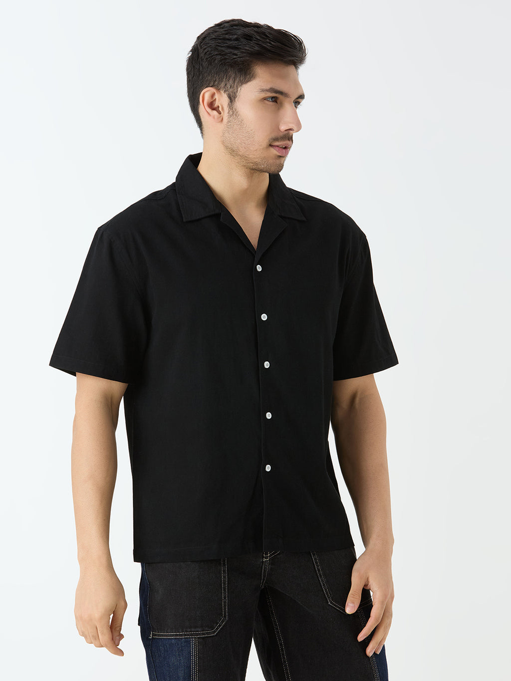 Men's Half Sleeve Cuban Collar Shirt in Black