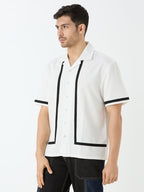 Men's Half Sleeve Cut & Sew Cuban Collar Shirt in White with Black Piping Detail