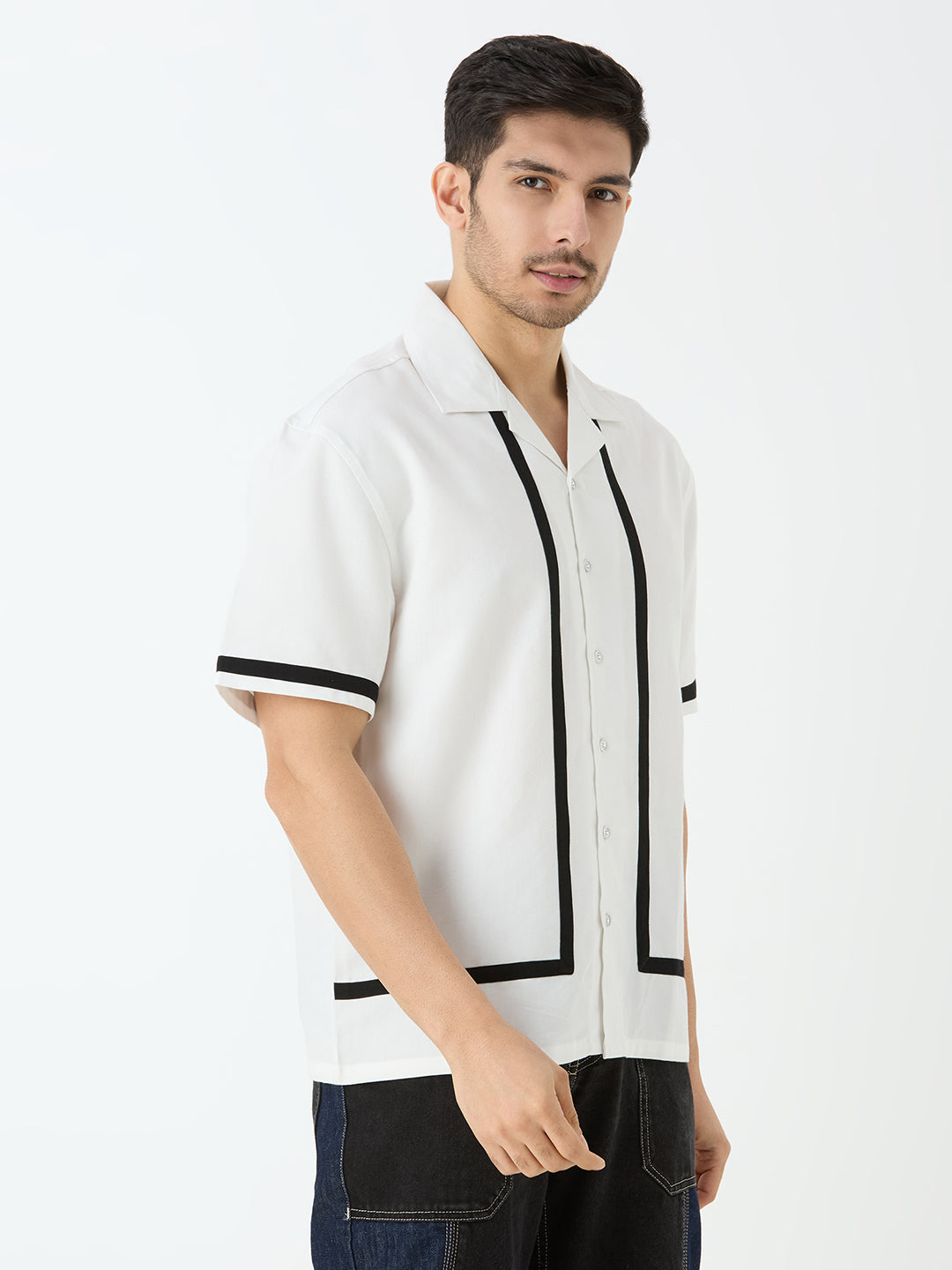 Men's Half Sleeve Cut & Sew Cuban Collar Shirt in White with Black Piping Detail
