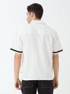 Men's Half Sleeve Cut & Sew Cuban Collar Shirt in White with Black Piping Detail