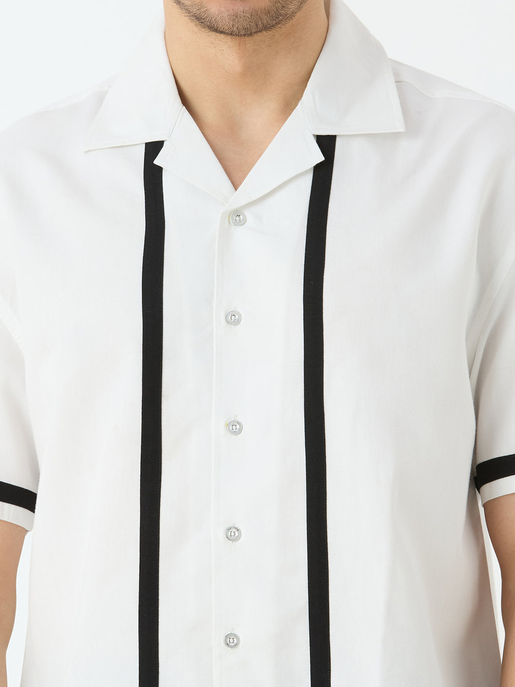 Men's Half Sleeve Cut & Sew Cuban Collar Shirt in White with Black Piping Detail