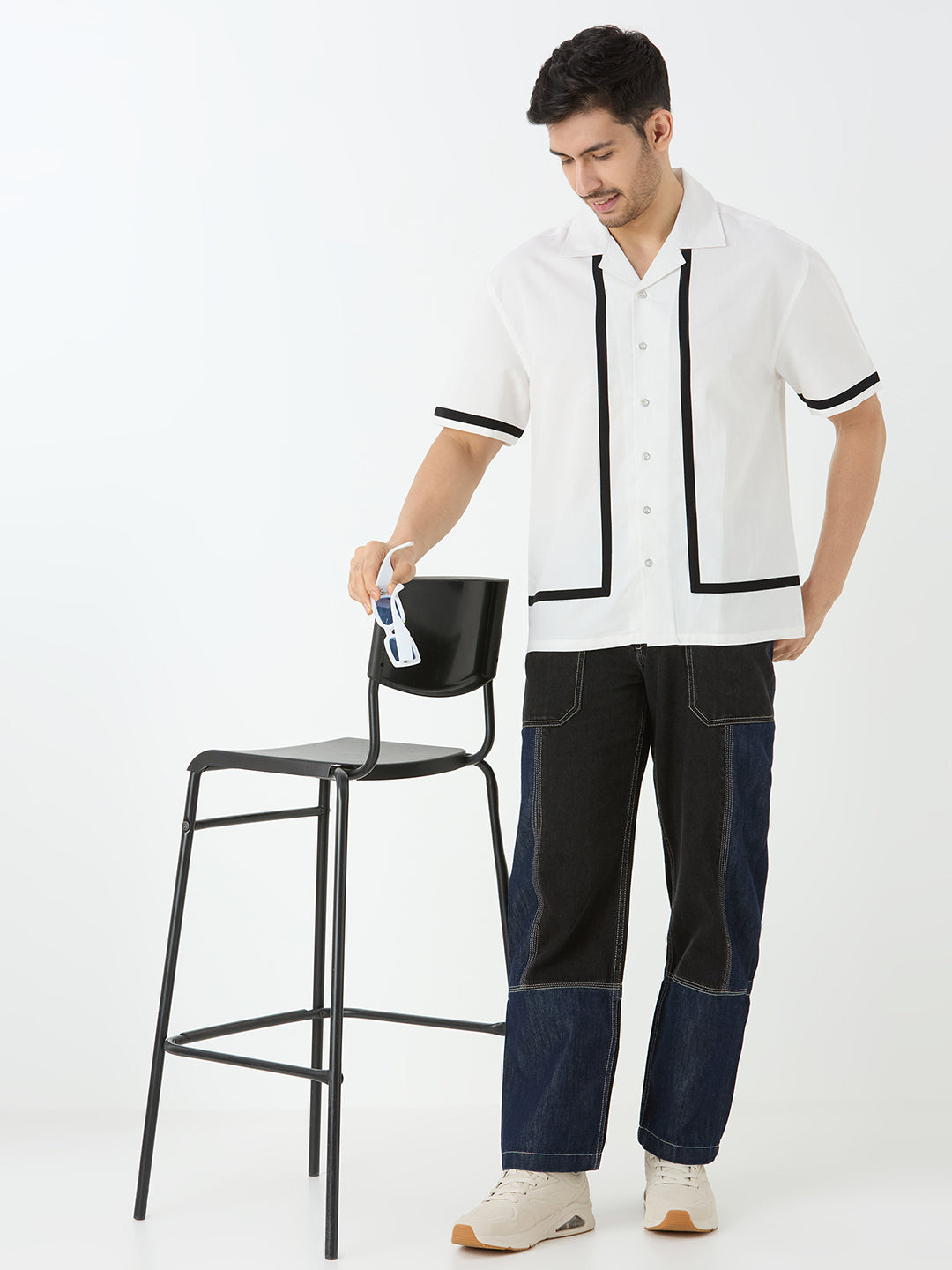 Men's Half Sleeve Cut & Sew Cuban Collar Shirt in White with Black Piping Detail