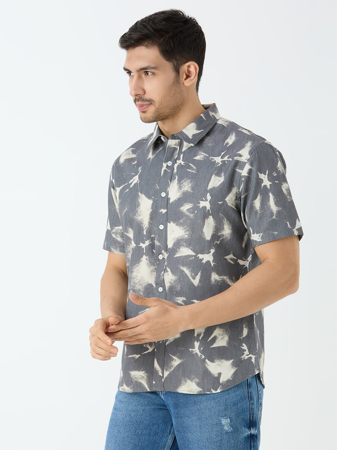 Men's Half Sleeve Tie Dye Denim Shirt in Grey & White