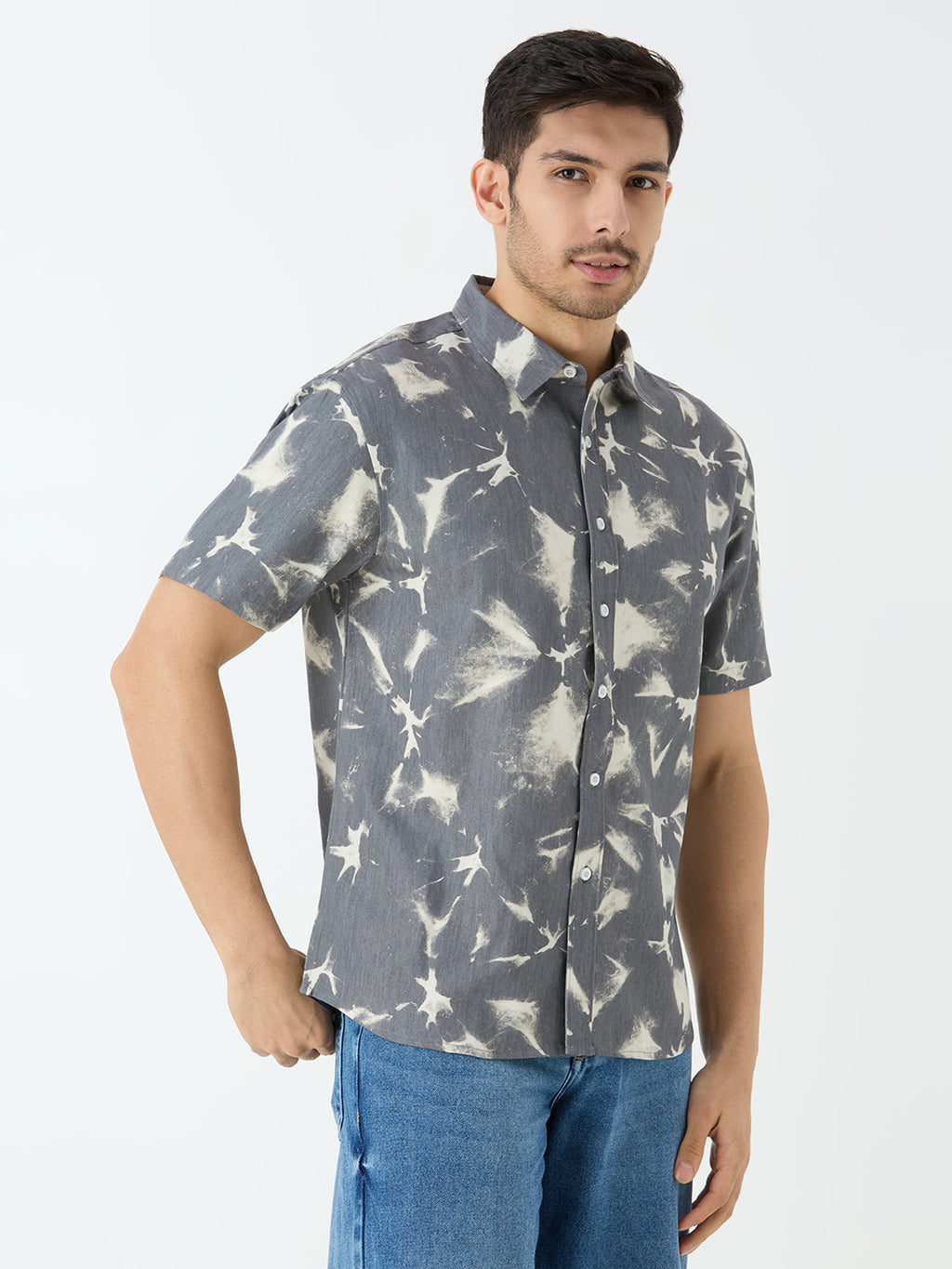 Men's Half Sleeve Tie Dye Denim Shirt in Grey & White