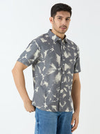 Men's Half Sleeve Tie Dye Denim Shirt in Grey & White