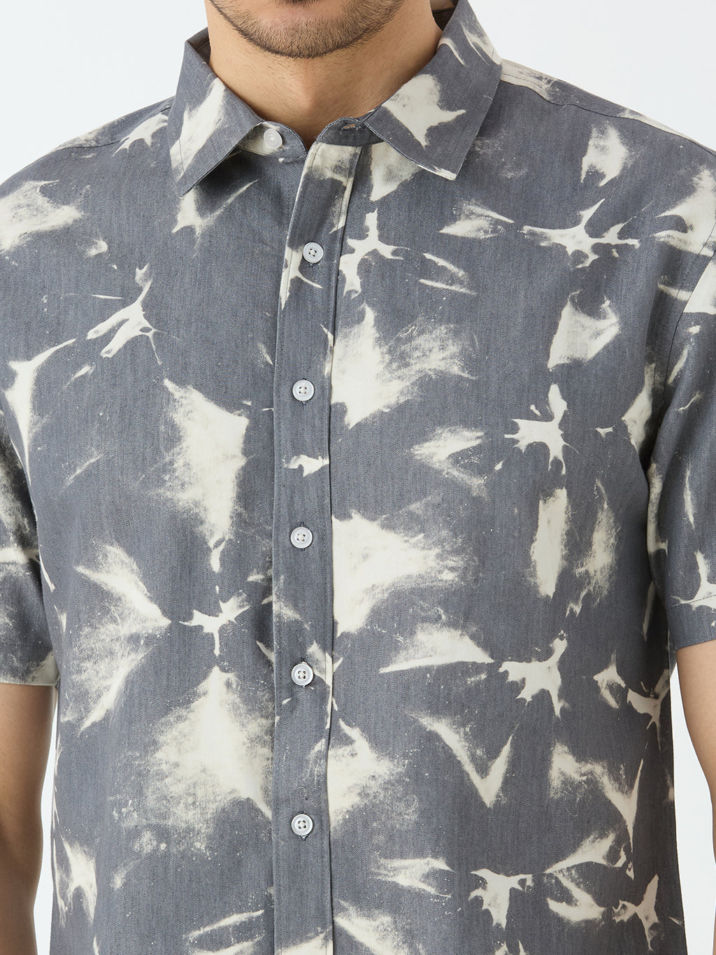 Men's Half Sleeve Tie Dye Denim Shirt in Grey & White