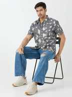 Men's Half Sleeve Tie Dye Denim Shirt in Grey & White