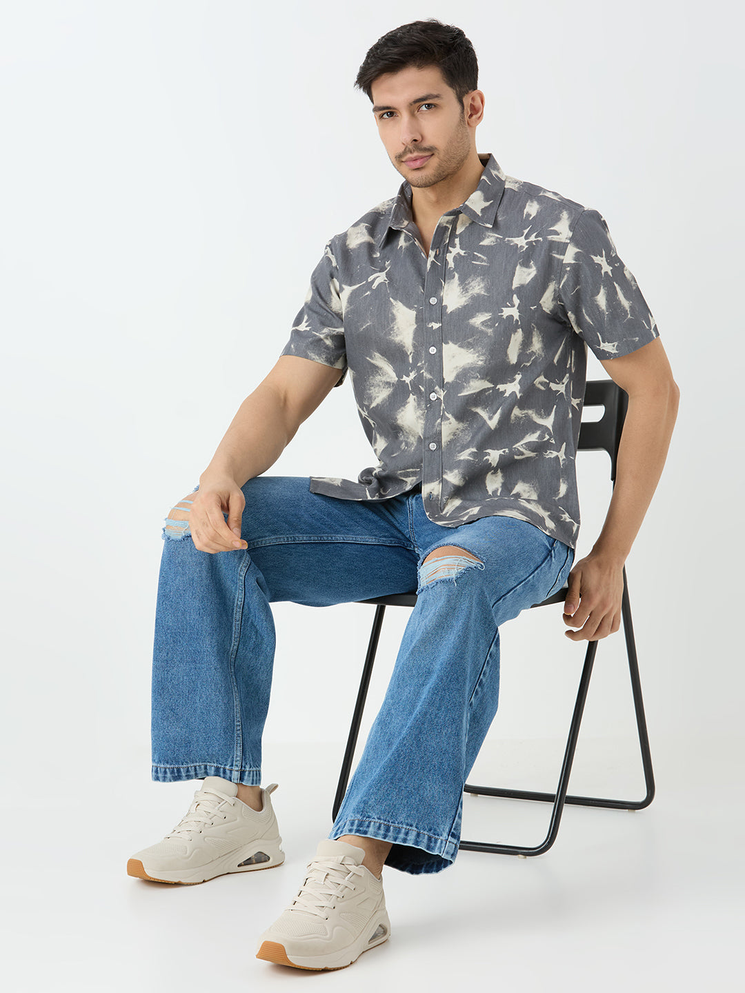 Men's Half Sleeve Tie Dye Denim Shirt in Grey & White