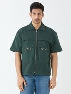 Men's Half Sleeve Shacket in Pine Green