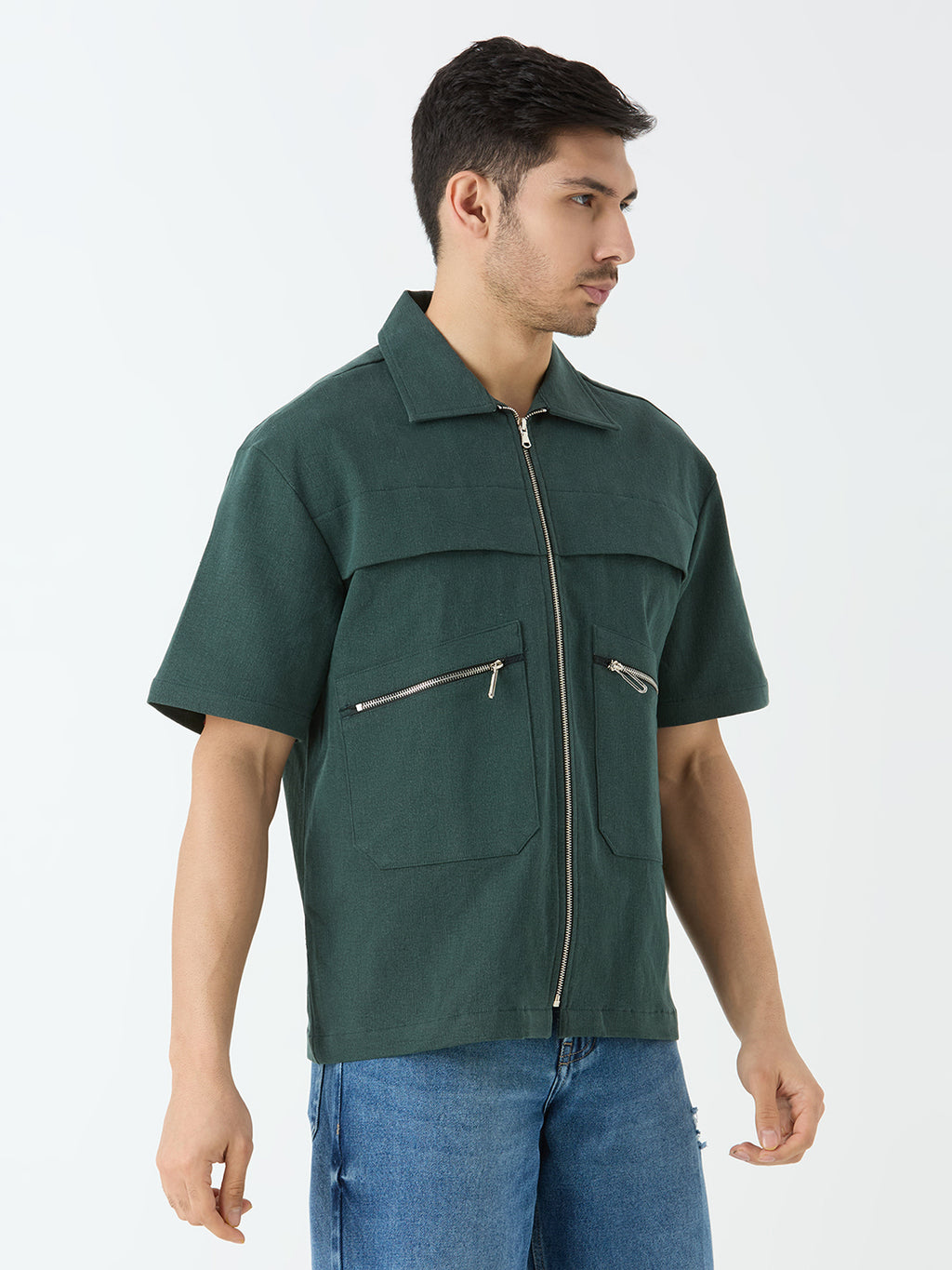 Men's Half Sleeve Shacket in Pine Green