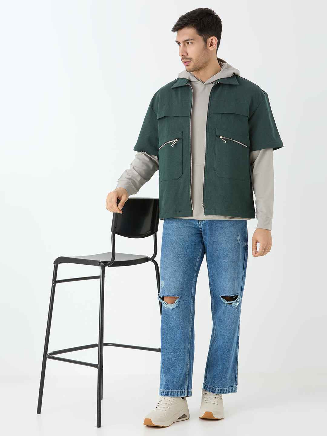 Men's Half Sleeve Shacket in Pine Green