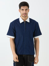 Men's Half Sleeve Denim Shacket with Contrast Collar in Dark Blue