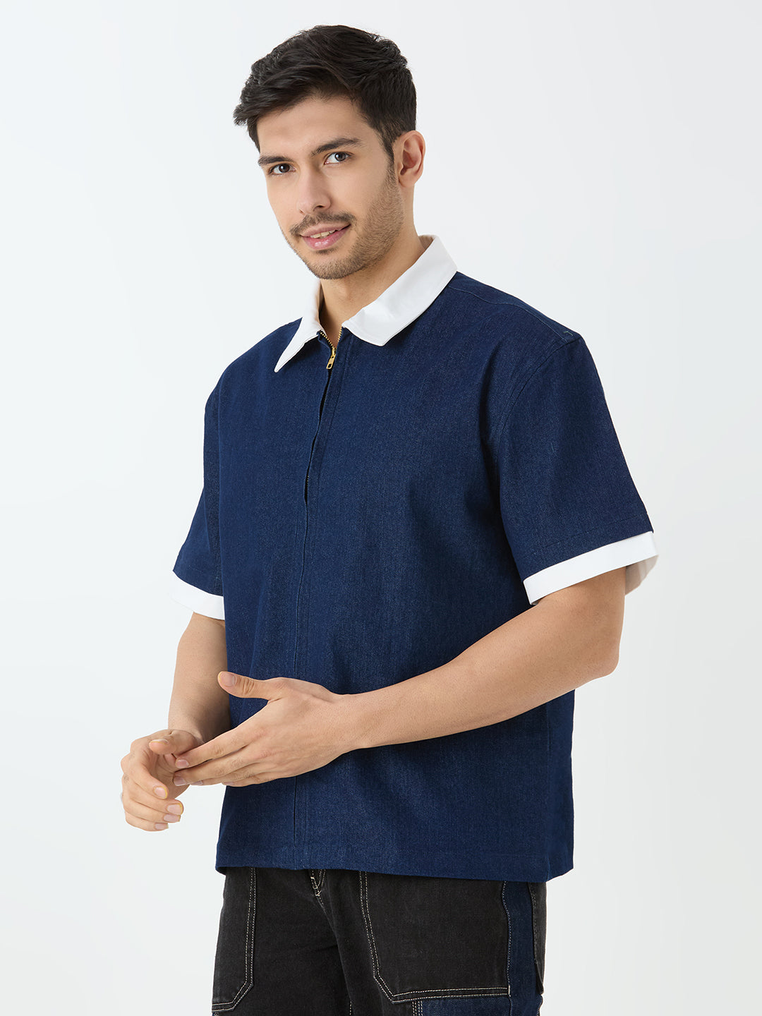 Men's Half Sleeve Denim Shacket with Contrast Collar in Dark Blue