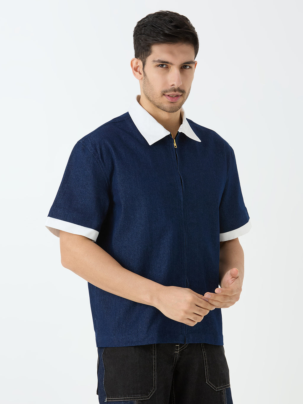 Men's Half Sleeve Denim Shacket with Contrast Collar in Dark Blue