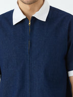 Men's Half Sleeve Denim Shacket with Contrast Collar in Dark Blue