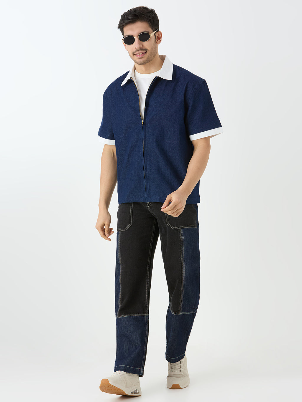 Men's Half Sleeve Denim Shacket with Contrast Collar in Dark Blue