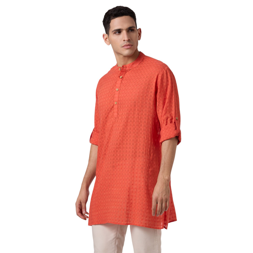 Cotton Jacquard Short Kurta for Men in Rust orange