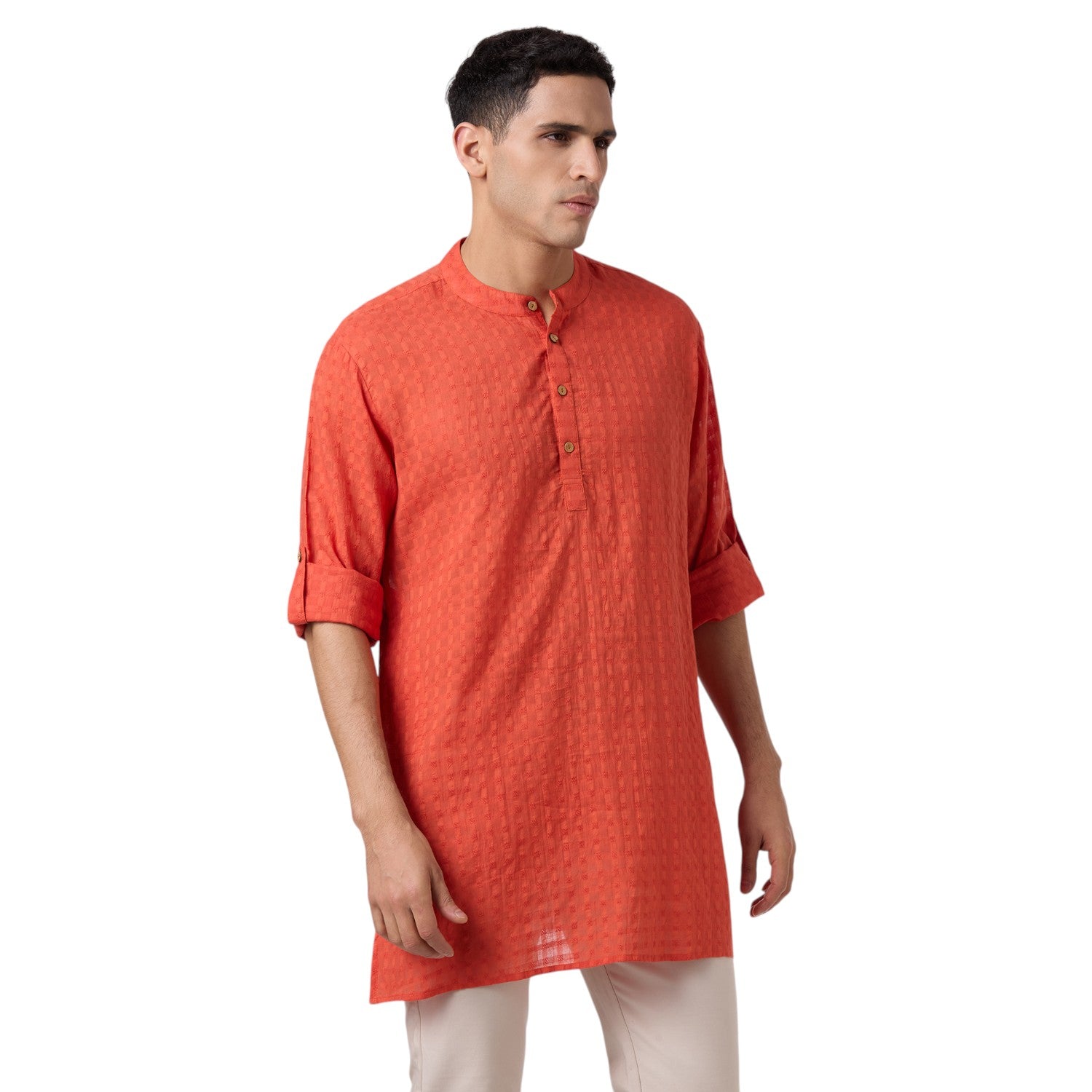 Cotton Jacquard Short Kurta for Men in Rust orange