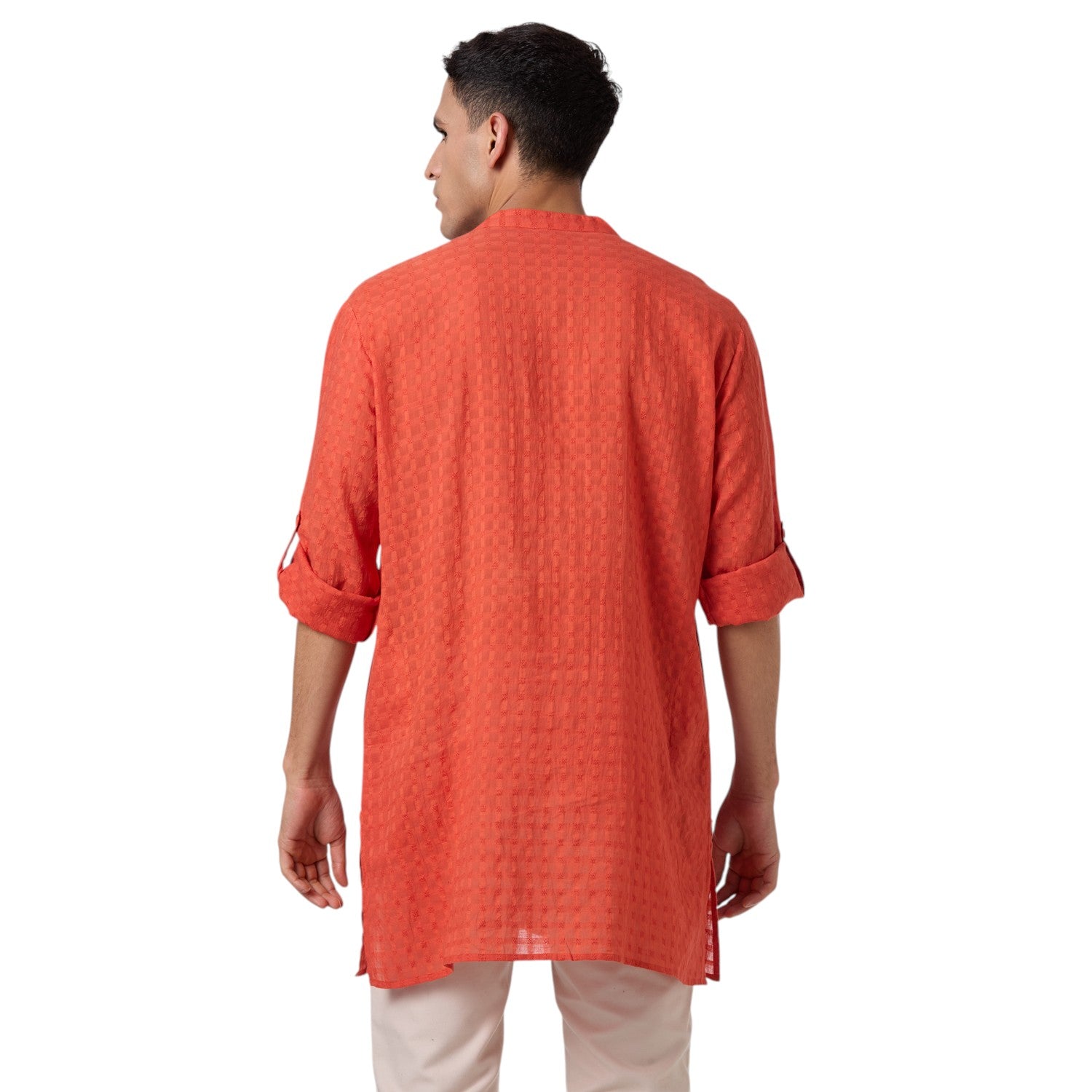Cotton Jacquard Short Kurta for Men in Rust orange