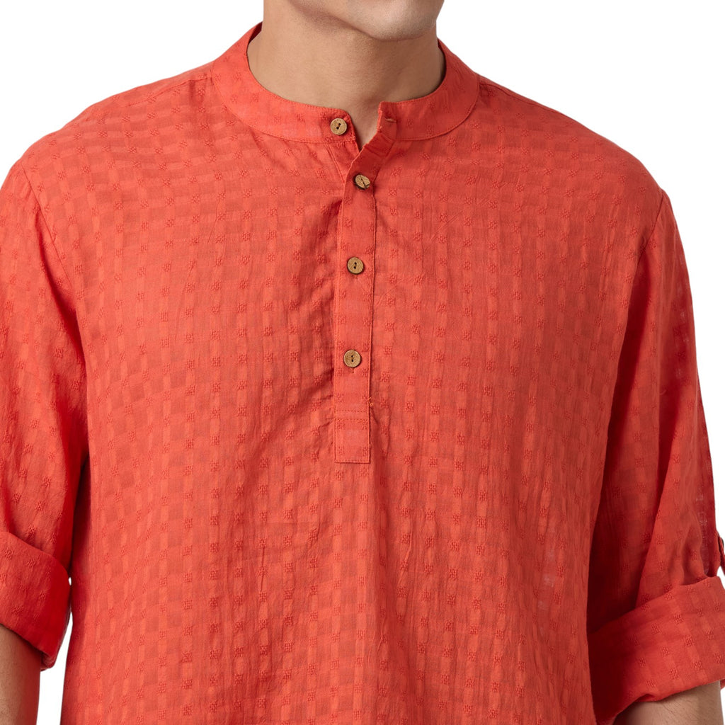 Cotton Jacquard Short Kurta for Men in Rust orange