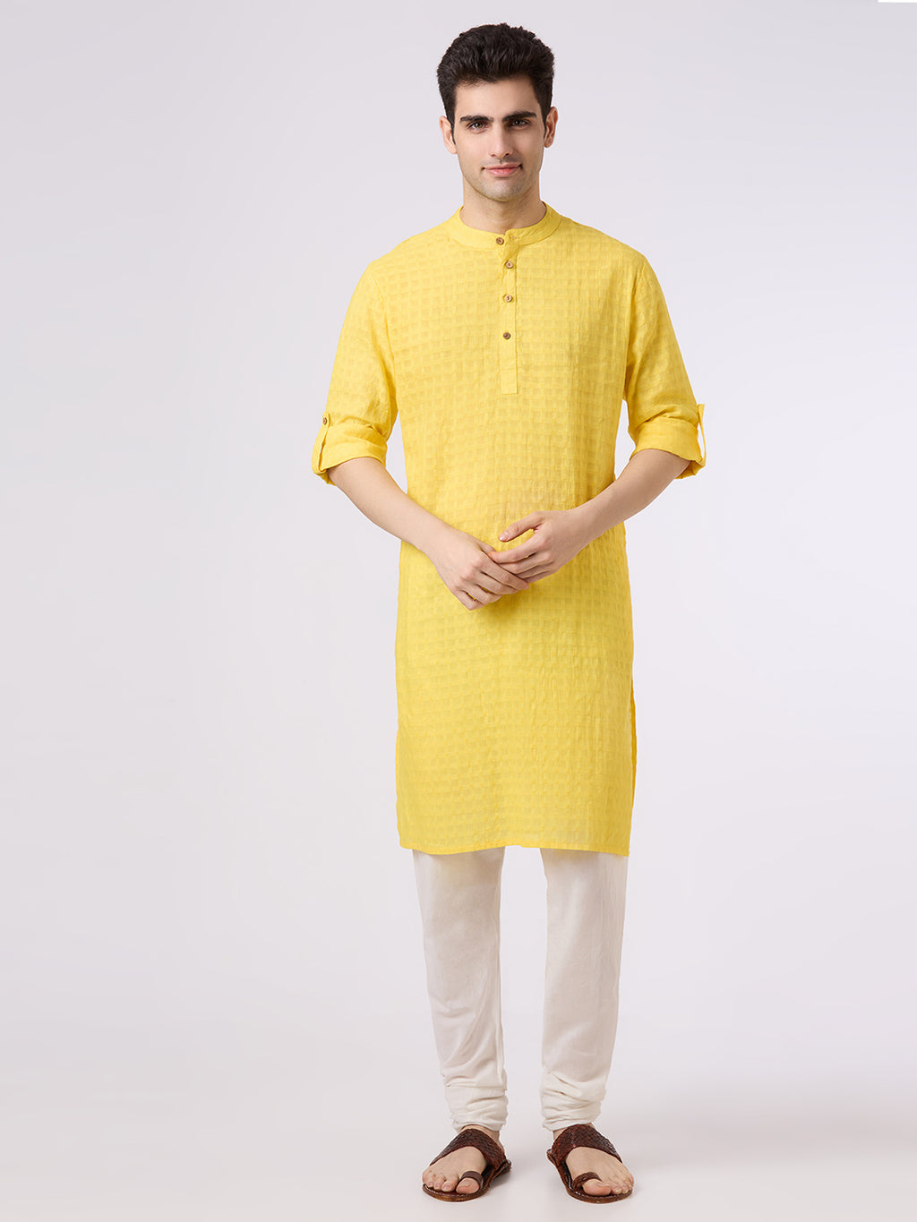 Cotton jacquard shirt kurta with roll up sleeves n lemon yellow colour.