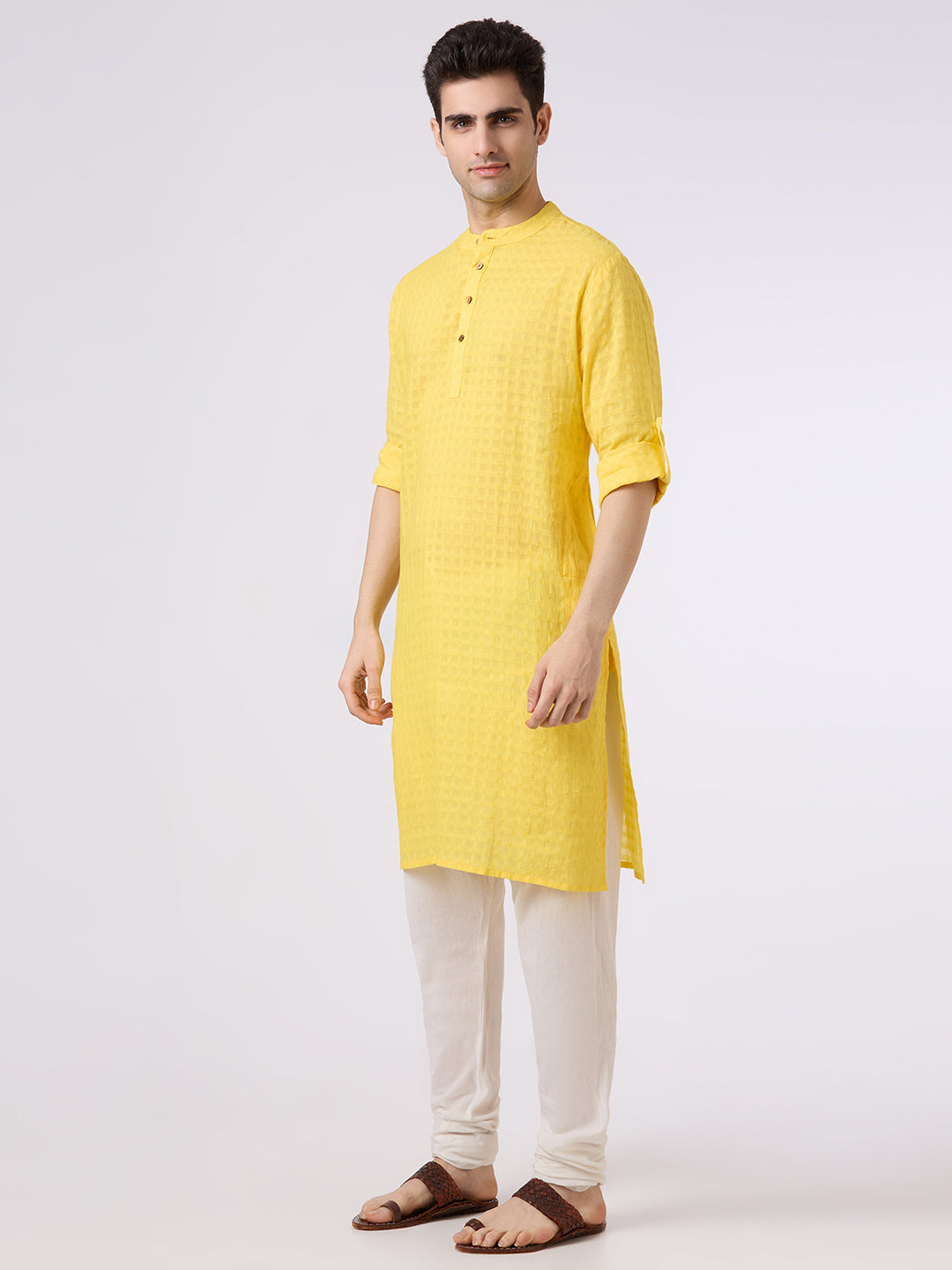 Cotton jacquard shirt kurta with roll up sleeves n lemon yellow colour.