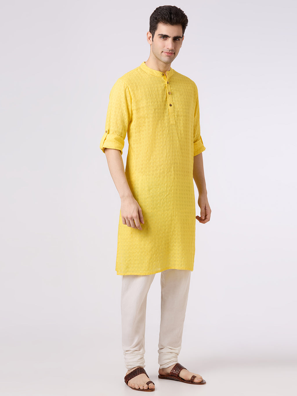 Cotton jacquard shirt kurta with roll up sleeves n lemon yellow colour.