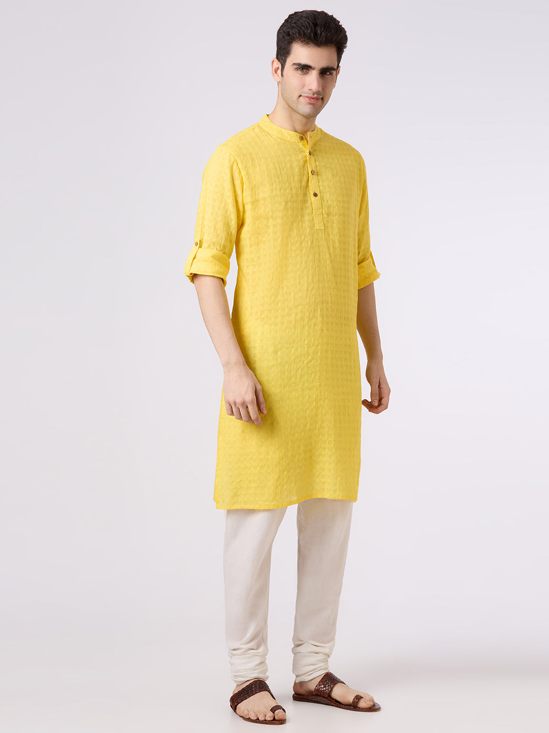 Cotton jacquard shirt kurta with roll up sleeves n lemon yellow colour.