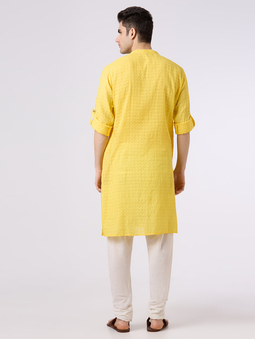Cotton jacquard shirt kurta with roll up sleeves n lemon yellow colour.