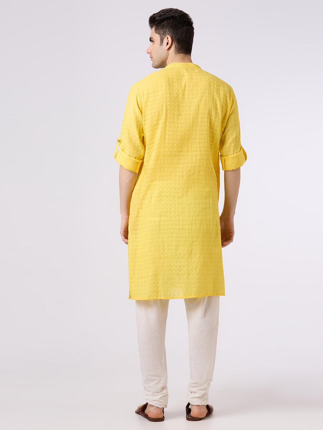 Cotton jacquard shirt kurta with roll up sleeves n lemon yellow colour.