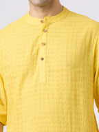 Cotton jacquard shirt kurta with roll up sleeves n lemon yellow colour.