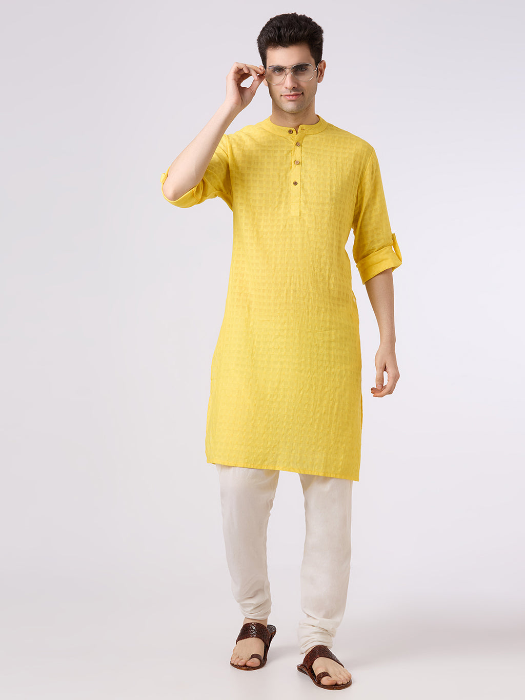 Cotton jacquard shirt kurta with roll up sleeves n lemon yellow colour.