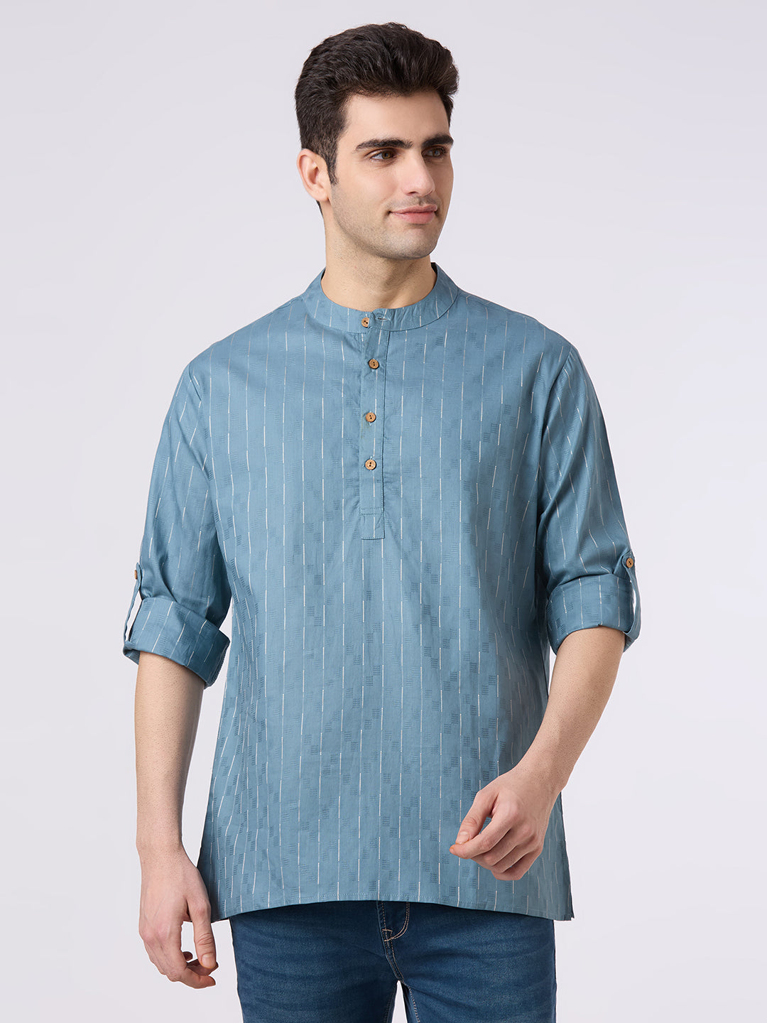 Cotton jacquard shirt kurta with roll up sleeves.