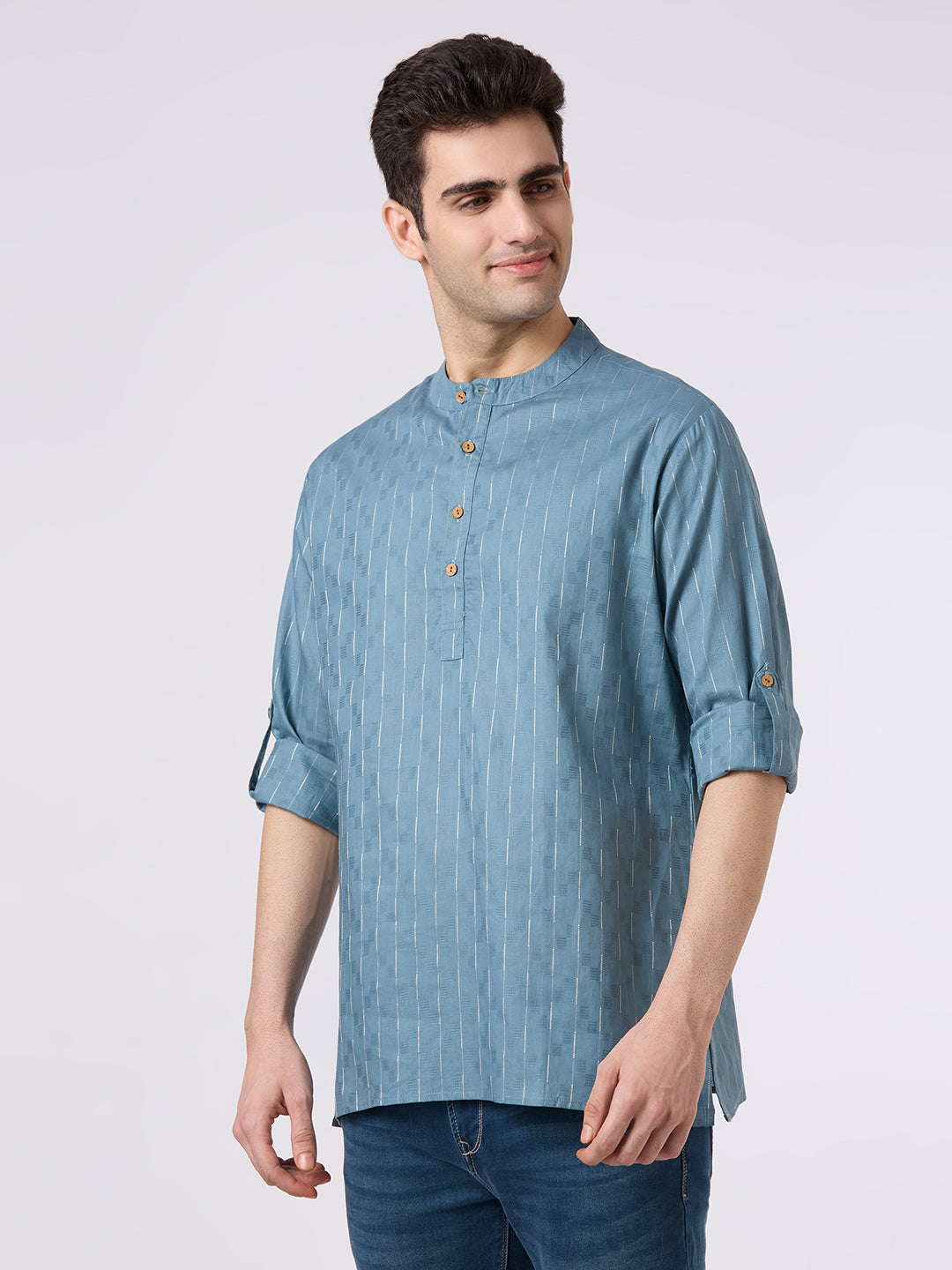Cotton jacquard shirt kurta with roll up sleeves.