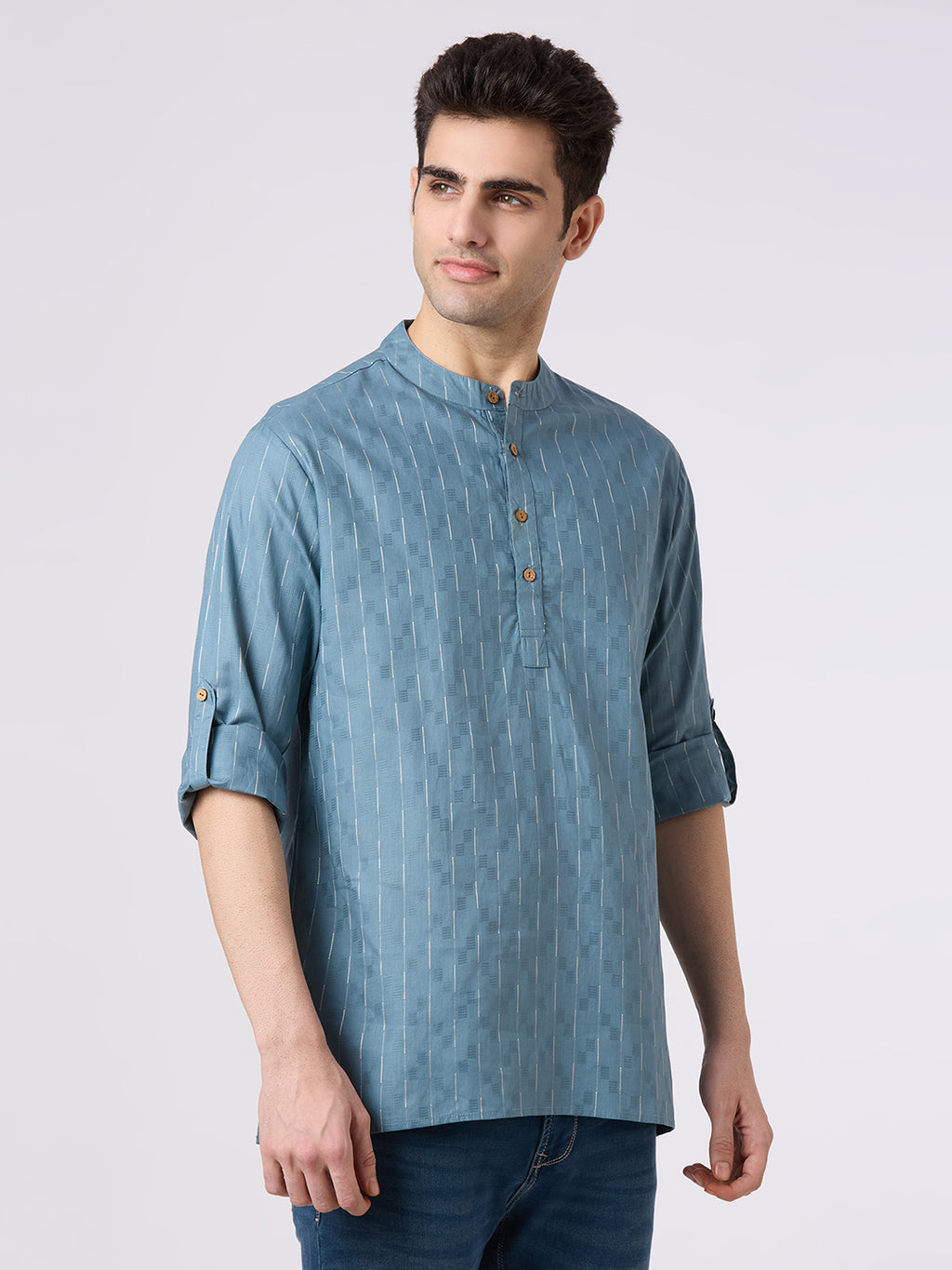 Cotton jacquard shirt kurta with roll up sleeves.