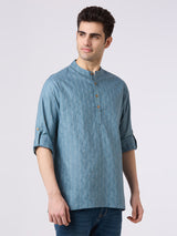 Cotton jacquard shirt kurta with roll up sleeves.
