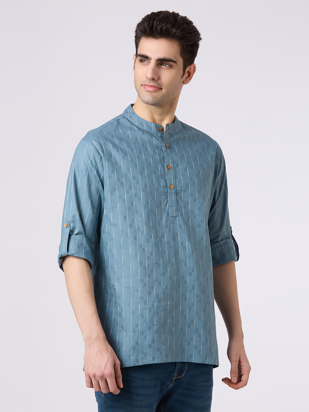Cotton jacquard shirt kurta with roll up sleeves.