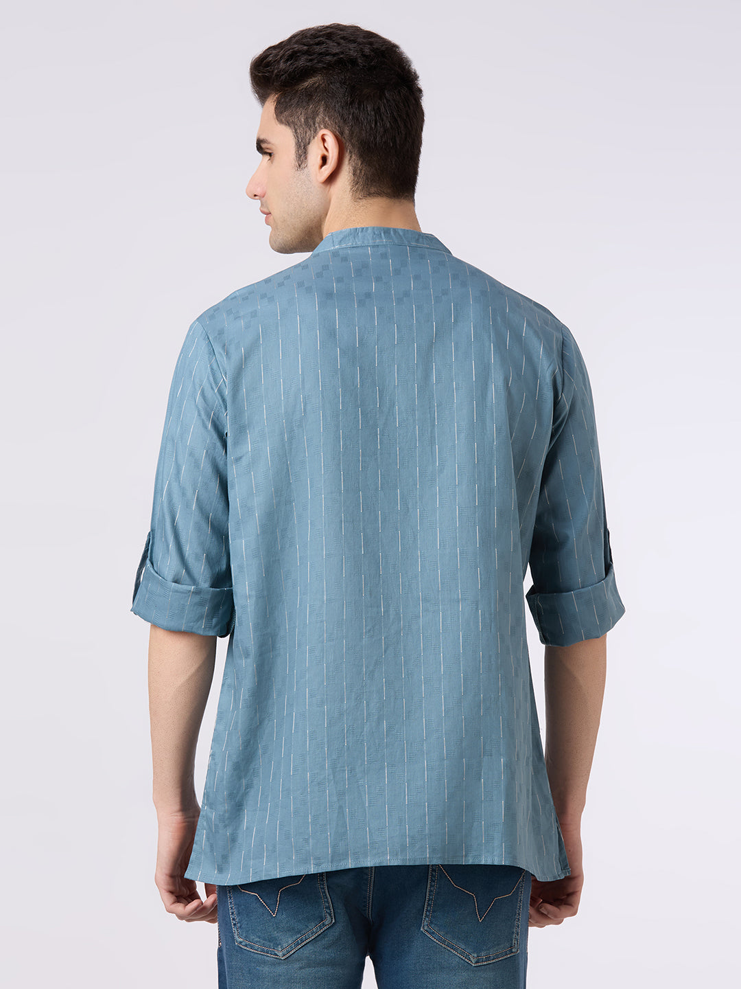 Cotton jacquard shirt kurta with roll up sleeves.