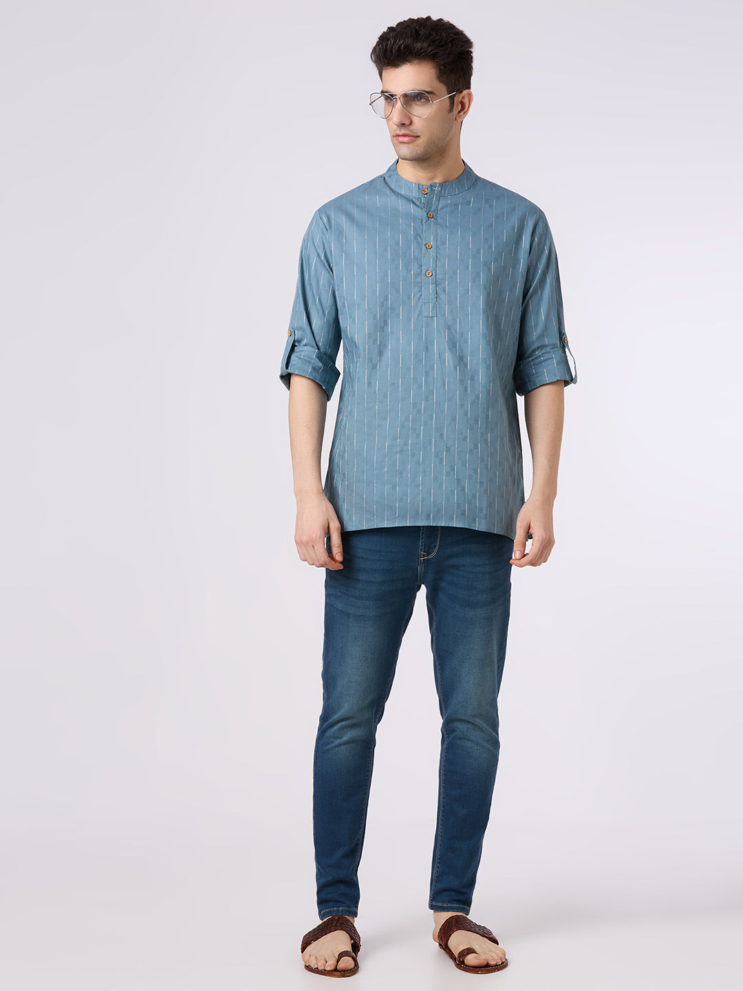Cotton jacquard shirt kurta with roll up sleeves.