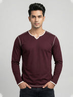 Maroon Contrast Trim V-Neck Full Sleeve T-Shirt