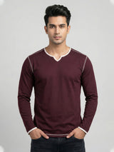 Maroon Contrast Trim V-Neck Full Sleeve T-Shirt