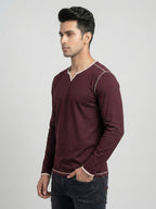 Maroon Contrast Trim V-Neck Full Sleeve T-Shirt