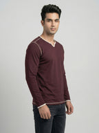 Maroon Contrast Trim V-Neck Full Sleeve T-Shirt