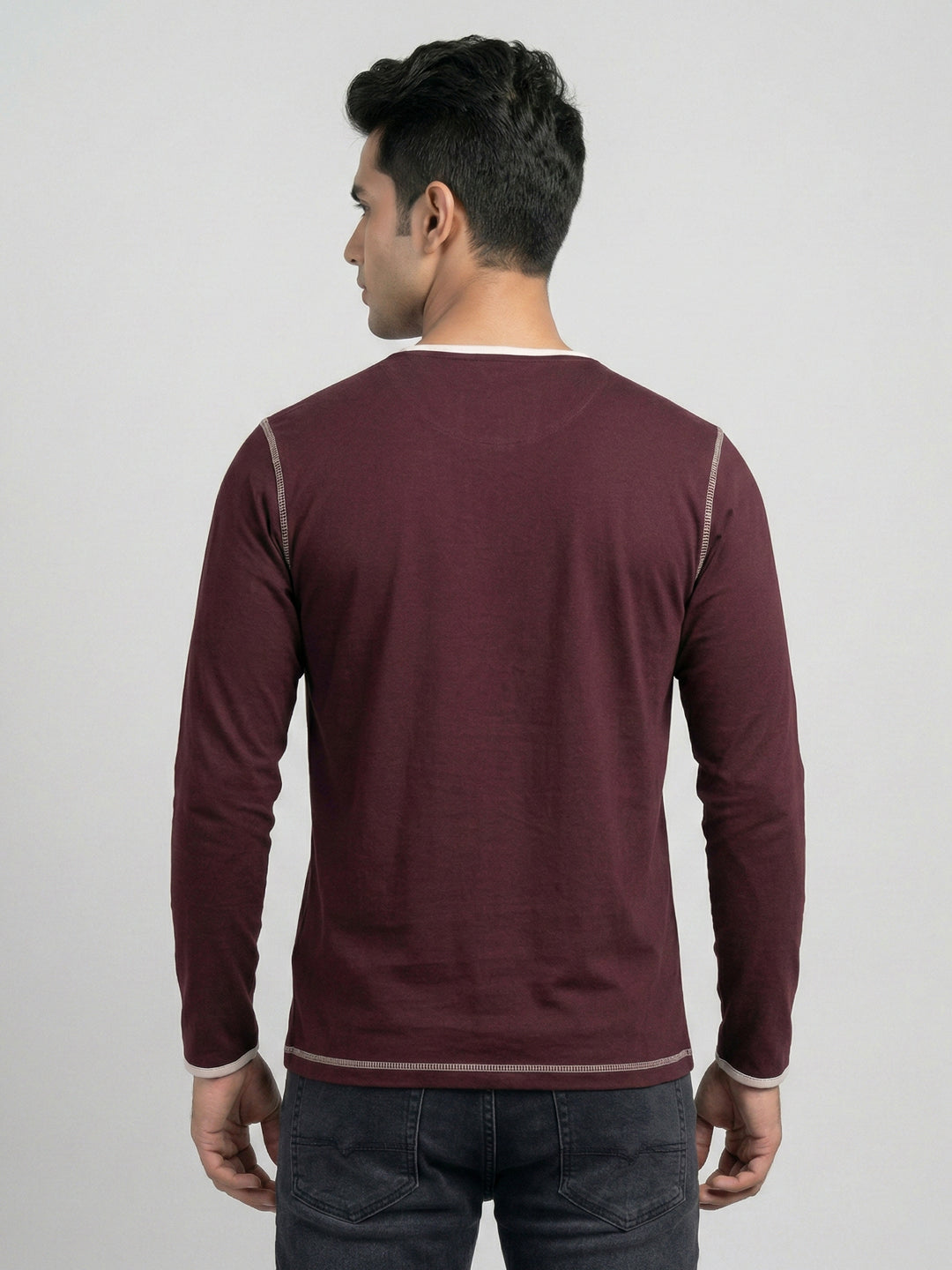 Maroon Contrast Trim V-Neck Full Sleeve T-Shirt