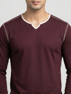 Maroon Contrast Trim V-Neck Full Sleeve T-Shirt