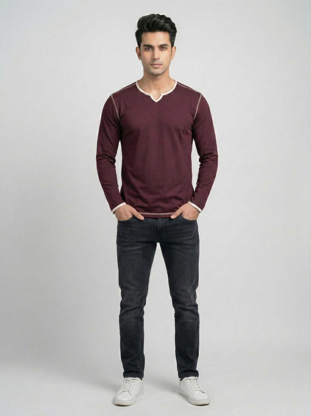 Maroon Contrast Trim V-Neck Full Sleeve T-Shirt