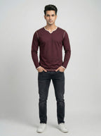 Maroon Contrast Trim V-Neck Full Sleeve T-Shirt