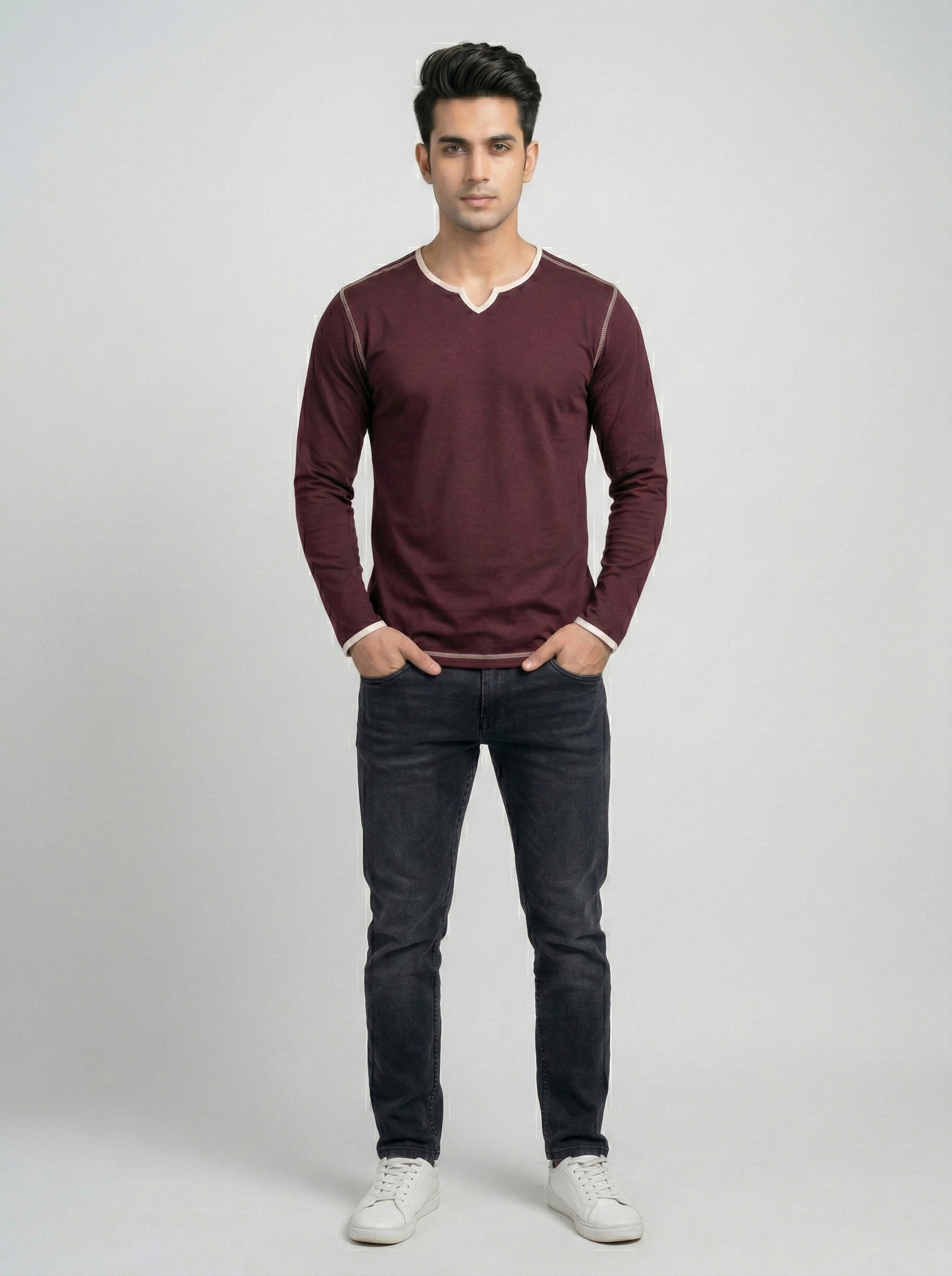 Maroon Contrast Trim V-Neck Full Sleeve T-Shirt